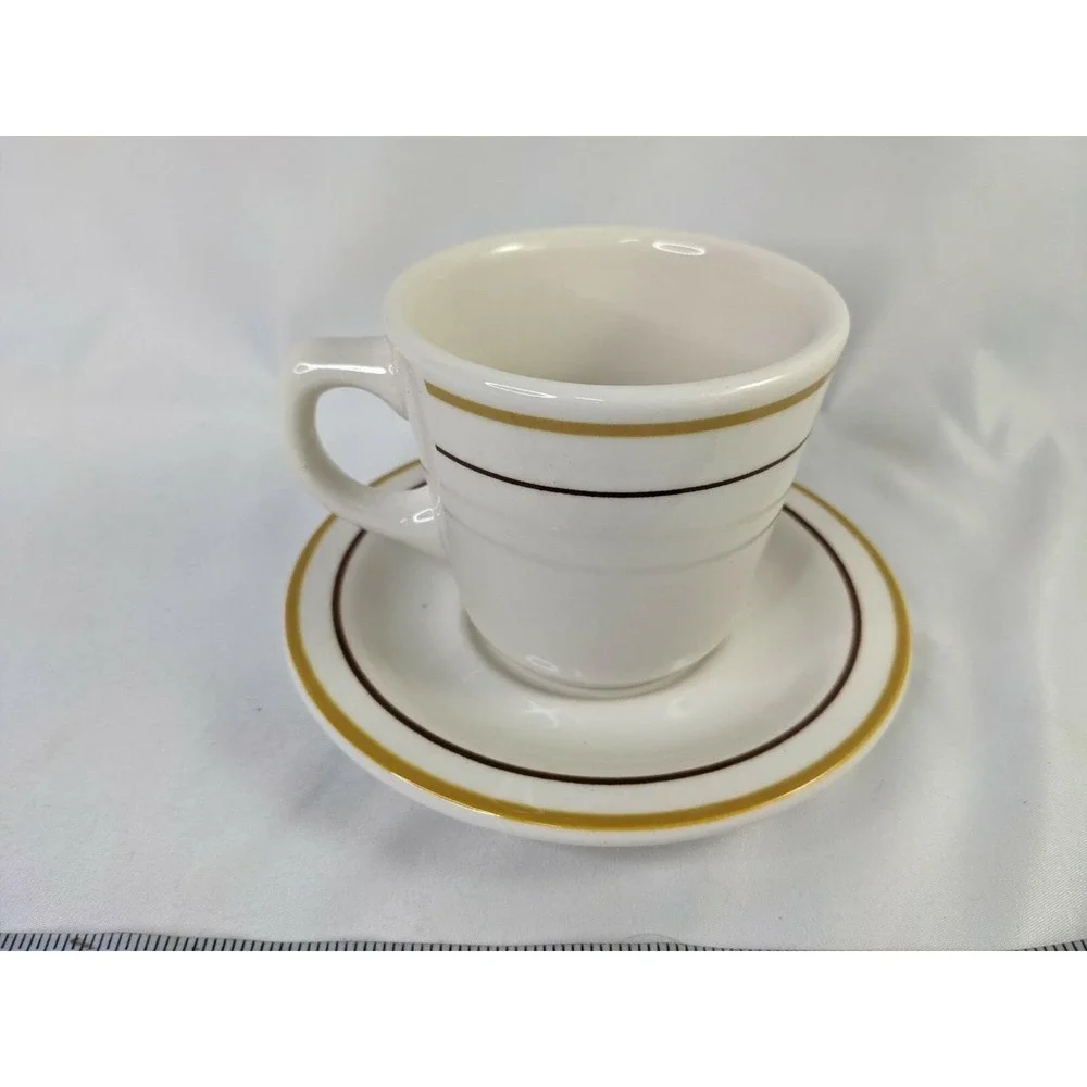 Buffalo China Restaurant Ware Coffee Cup Saucer Set Tan‎ Brown Stripe